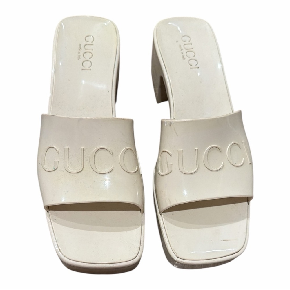 Gucci Authentic  White Rubber Slide Sandals Block Heel Logo Accent Summer 38